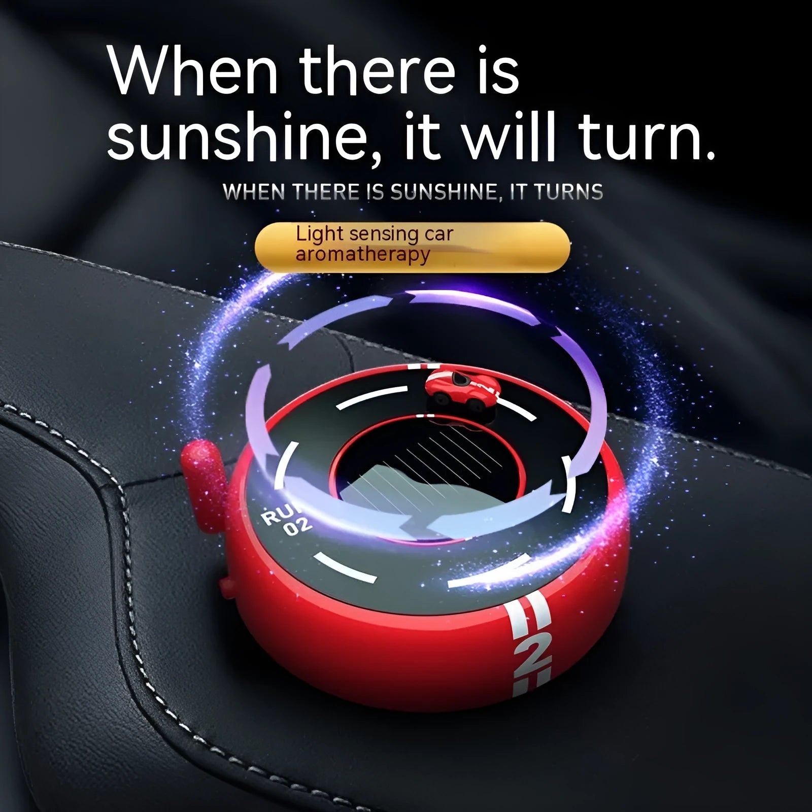 Round solar-powered car aromatherapy decoration in black, red, or white colours