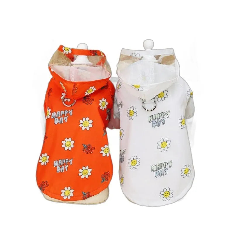 Transparent dog raincoat with pull ring and two-foot coverage in orange or white colour options
