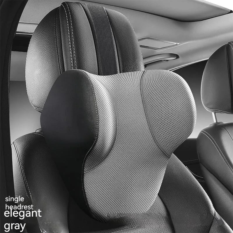 Memory foam and latex car lumbar support pillow and matching headrest with knitted fabric cover.