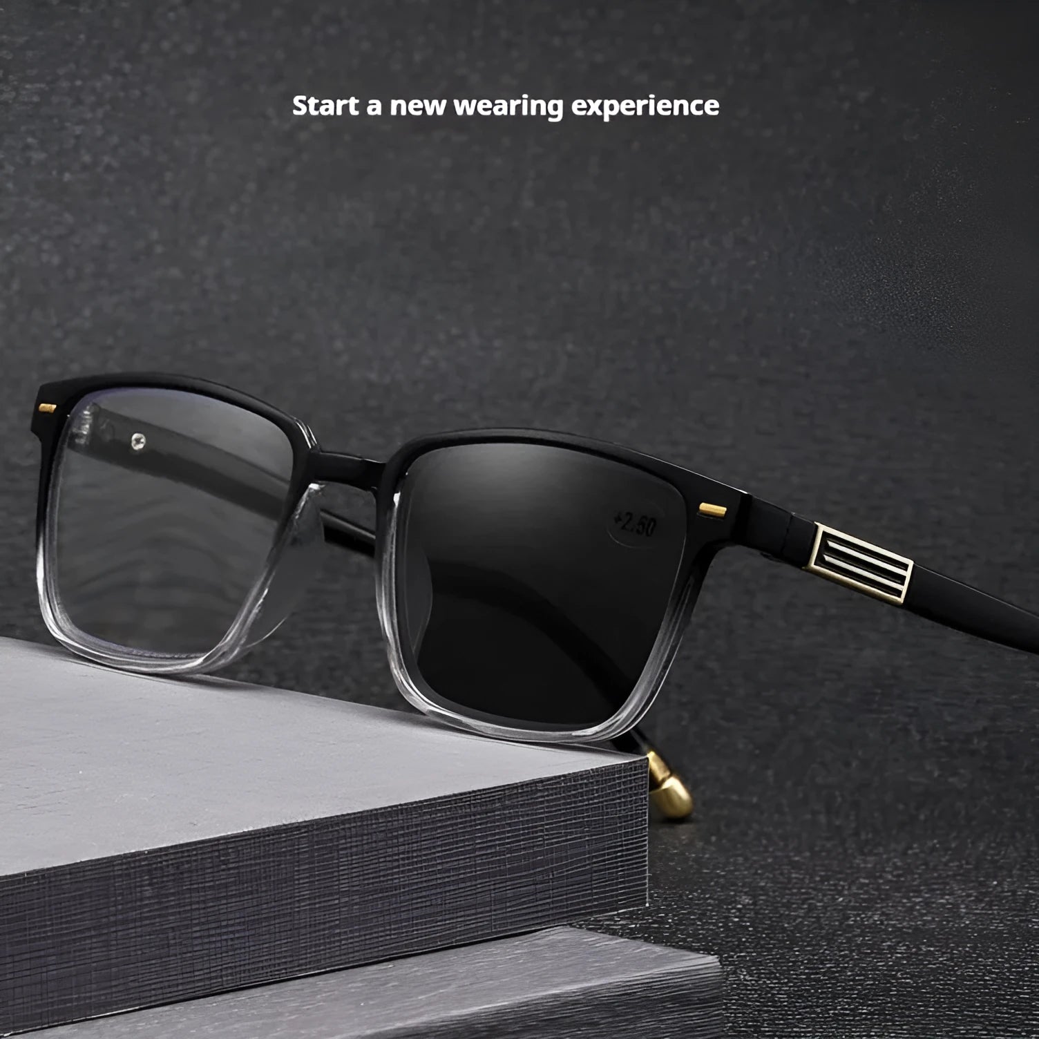 Multifocal anti-blue light reading glasses with colour-changing lenses in a black and silver frame style.