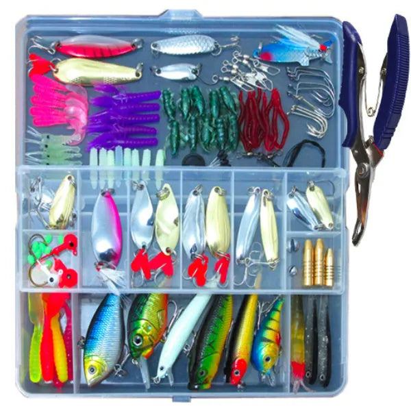 132-piece fishing lure suit set with rose red lures and hooks in storage case