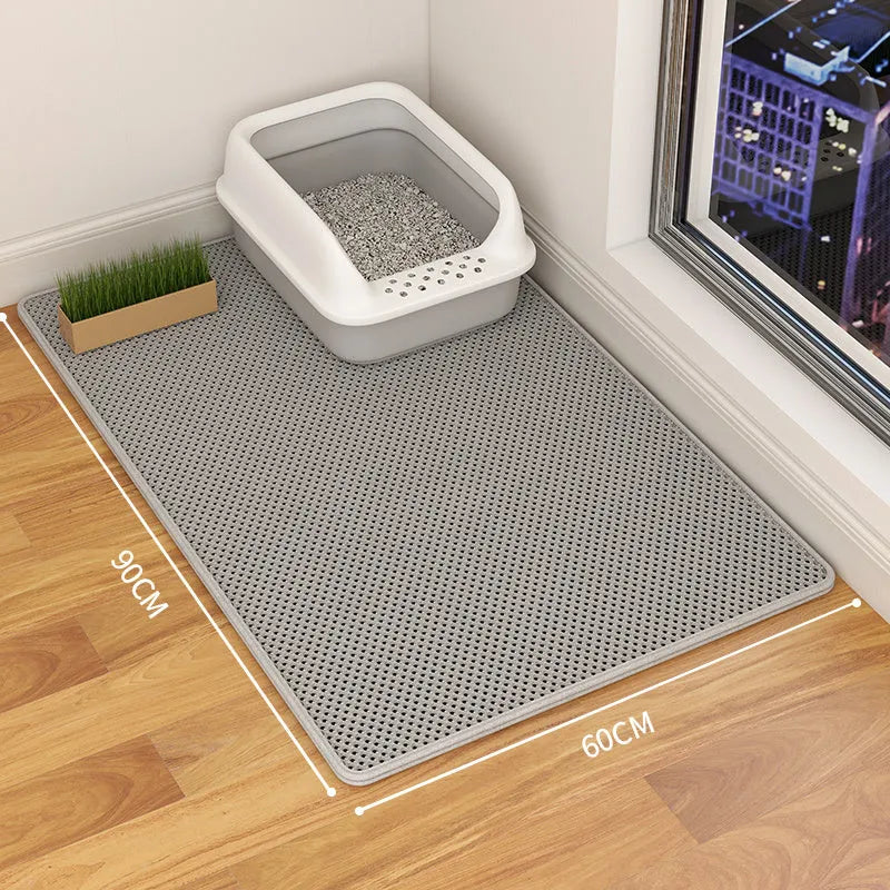 Double layer cat litter mat with waterproof backing in beige colour showing urine trap design