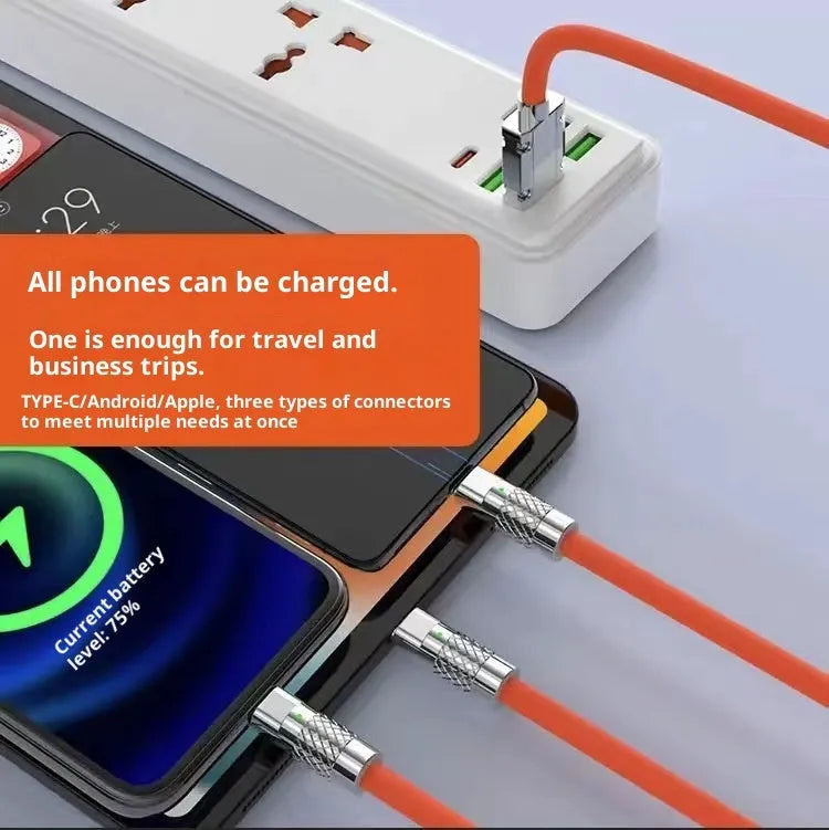 Orange silicone three-in-one charging cable for Android and Apple devices