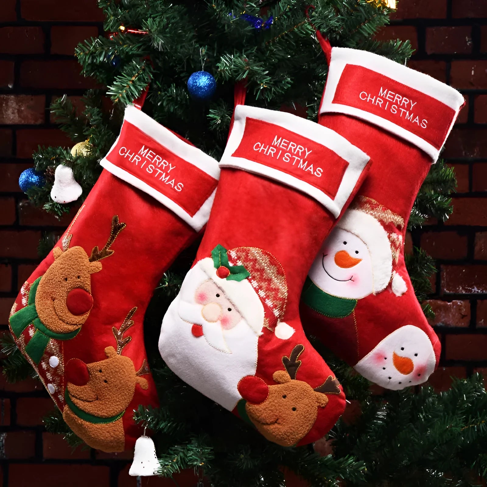 American folk art Christmas stocking with embroidered elk design in non-woven fabric