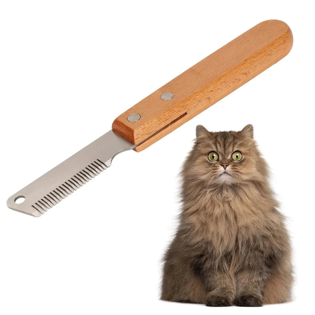 Wooden handle pet stripping comb with metal fittings for grooming cats and dogs