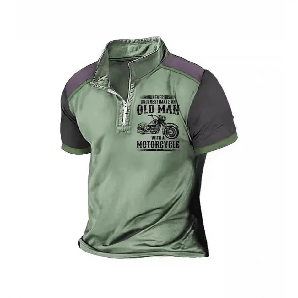 Men's casual short sleeve polo shirt with lapel, digital letter printing, and zipper decoration details.