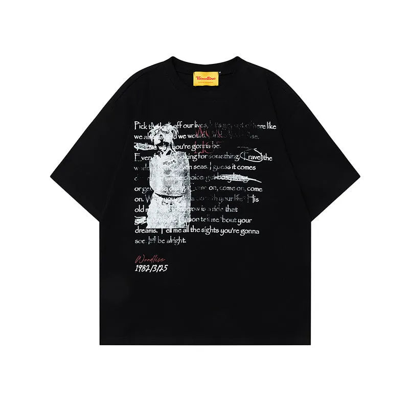 Men's black loose fit cotton T-shirt with white hip hop letter print and raglan sleeves