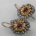Geometric handmade woven drop earrings in gold copper with micro inlay and petal shape