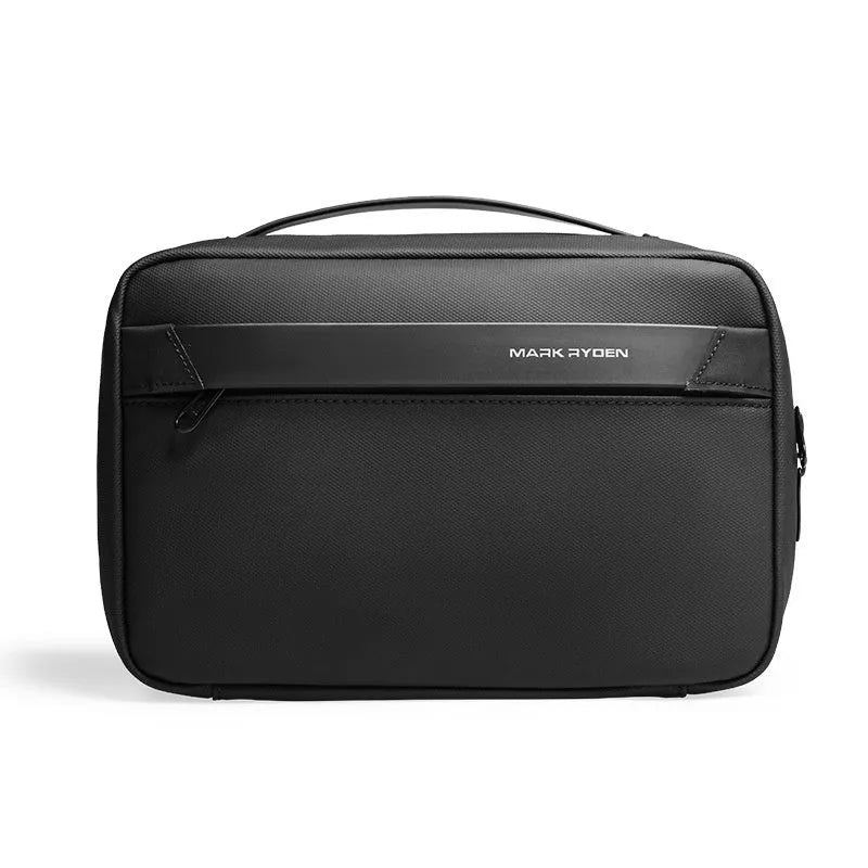Black Oxford cloth toiletries bag with multiple compartments open, showing wet-dry separation design.