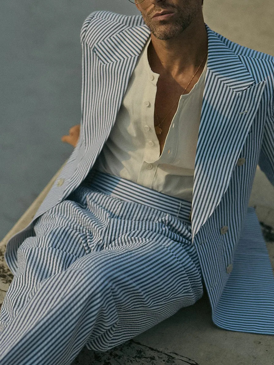 Blue and white striped men's polyester suit set with blazer and trousers