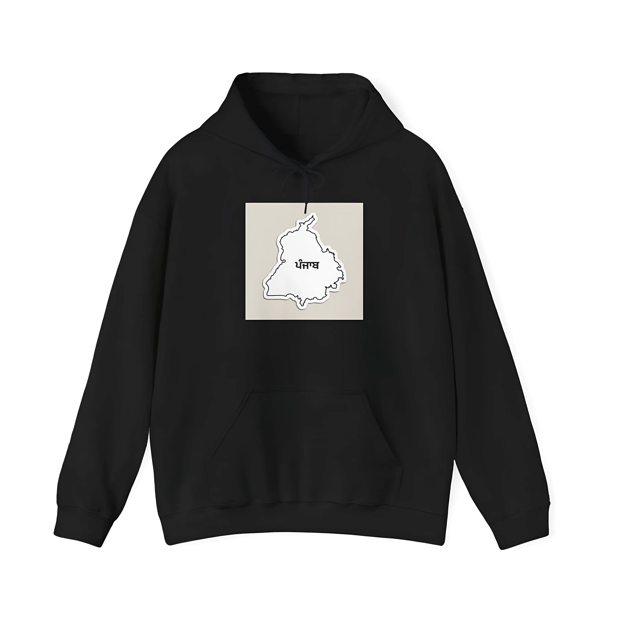 Black loose fit drop-shoulder sleeve hoodie with front kangaroo pocket, casual pullover style.