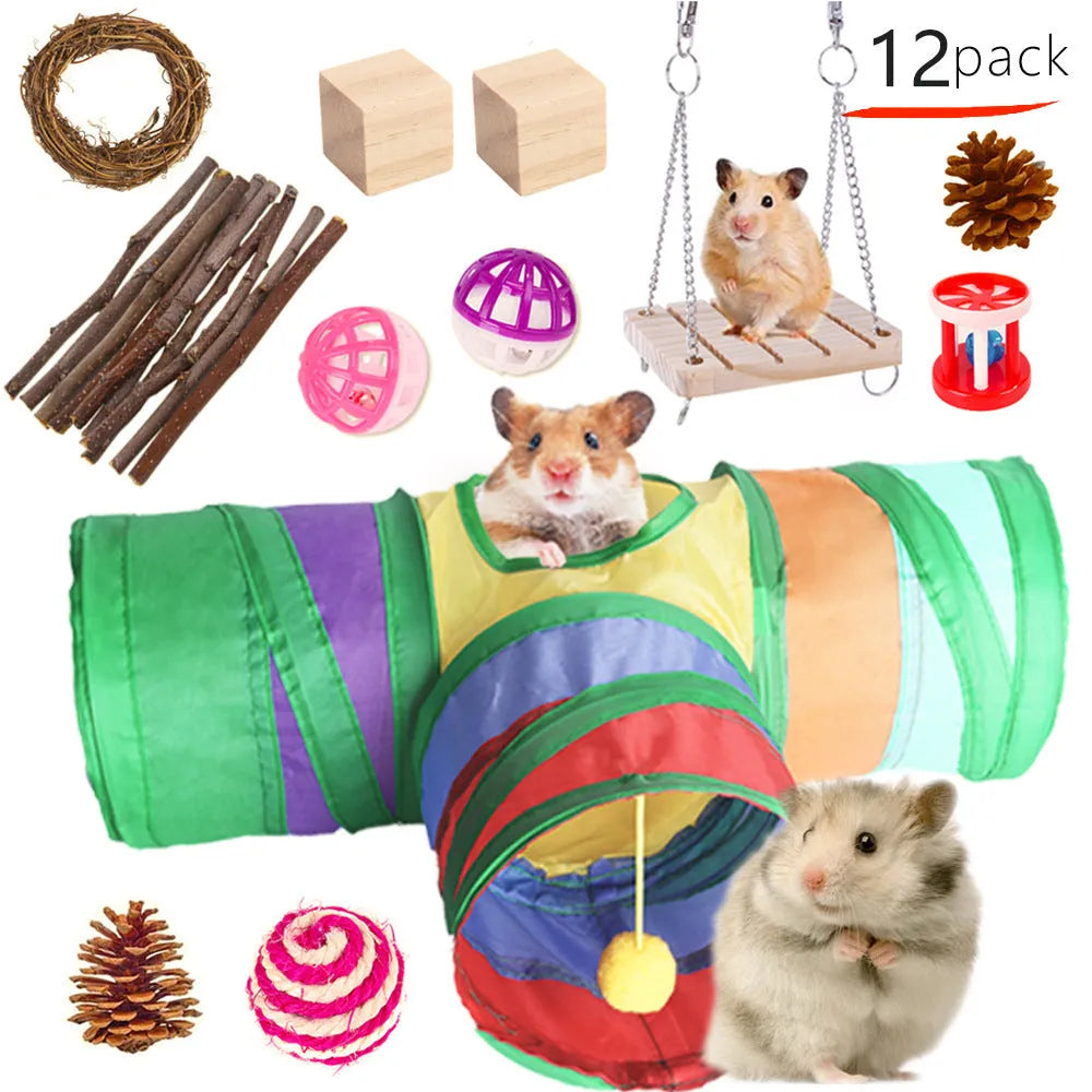 Assortment of natural wooden and woven grass chew toys for small pets like rabbits and guinea pigs