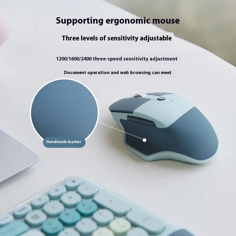 Ergonomic wireless keyboard and mouse set with wrist splint, waterproof veneer finish, shown in mixed colour options