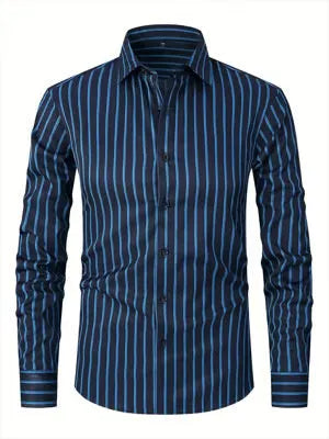 Men's slim-fit long sleeve striped business shirt in a blue and white colour pattern.