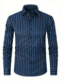 Men's slim-fit long sleeve striped business shirt in a blue and white colour pattern.