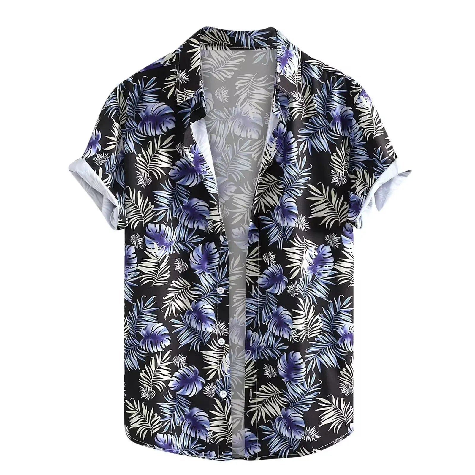 Man wearing a short-sleeved Hawaiian shirt with colourful 3D printed patterns.