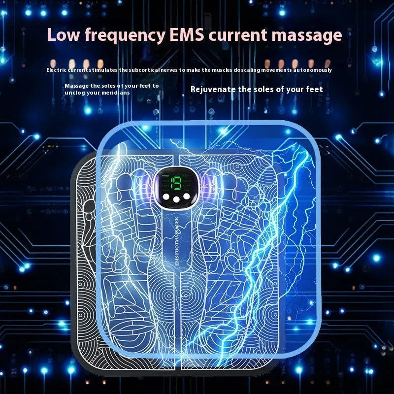 Rechargeable reflexology foot massager mat with foot pad and remote control on floor