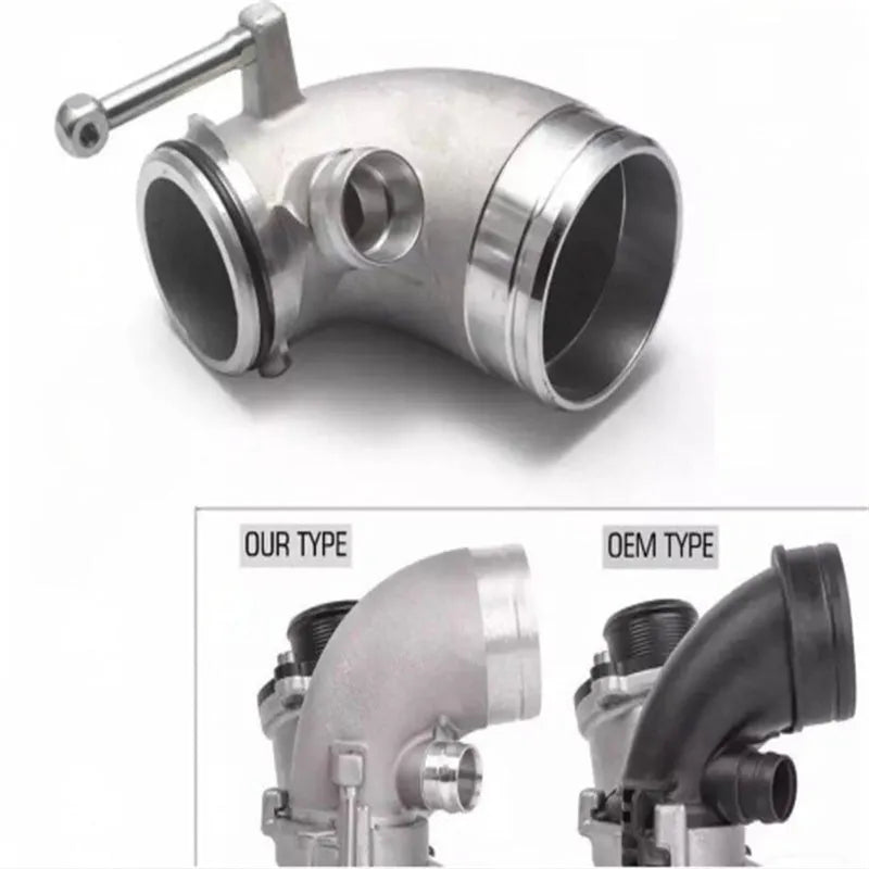 Aluminium alloy turbocharger pipe elbow with a 90-degree bend for lateral engine applications
