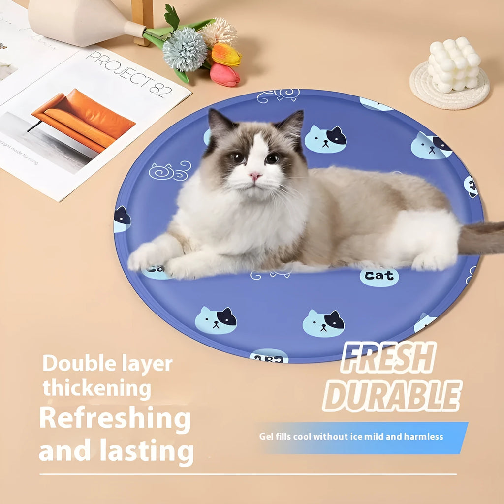 Round pet cooling mat with cartoon animal design showing gel technology for dogs