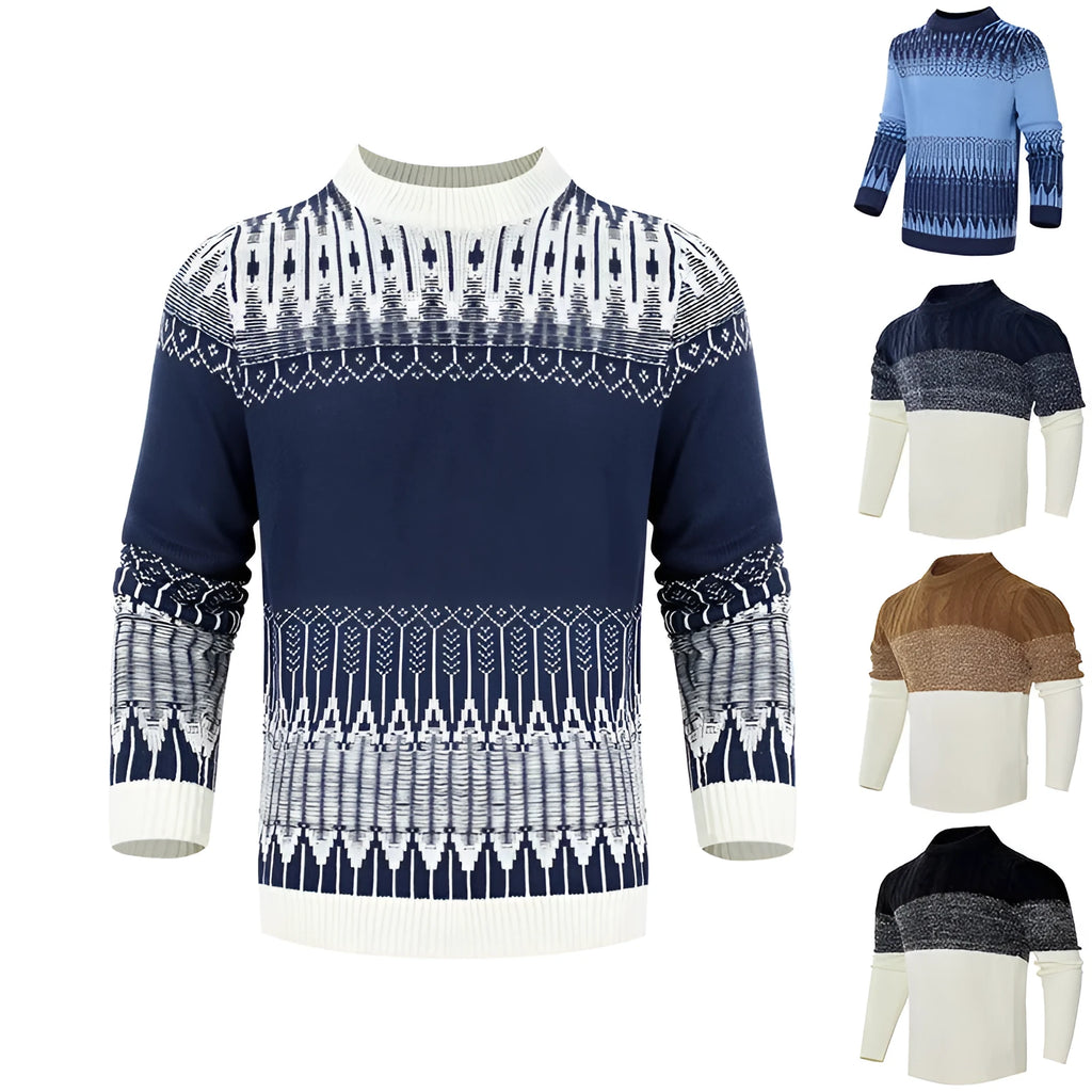Men's knitted long-sleeved pullover sweater on a hanger, available in multiple sizes and styles.