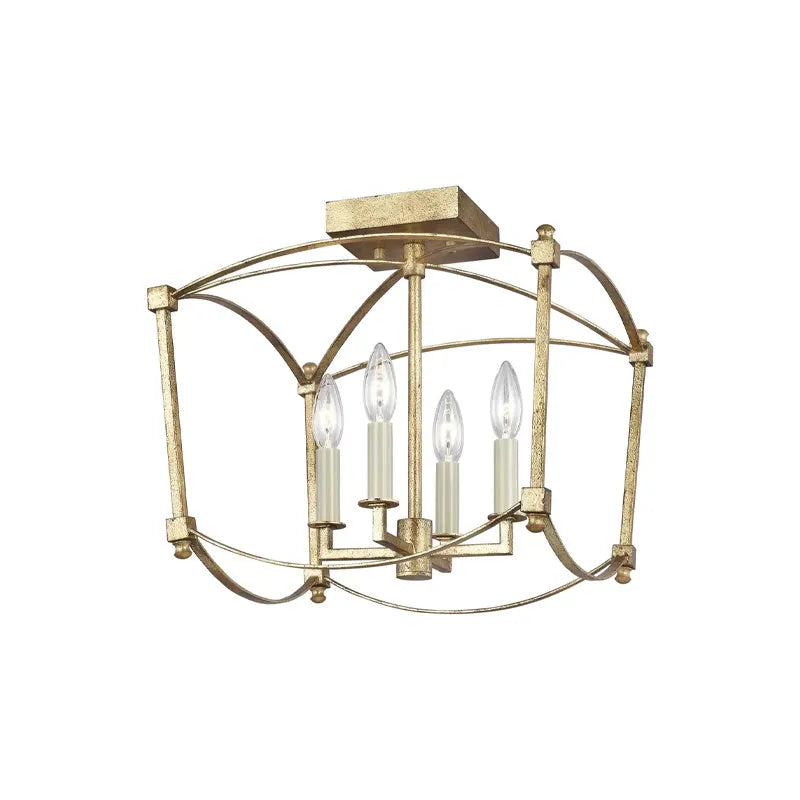 Simple Villa four-head droplight ceiling chandelier in black iron or gold foil finish, 35cm wide.