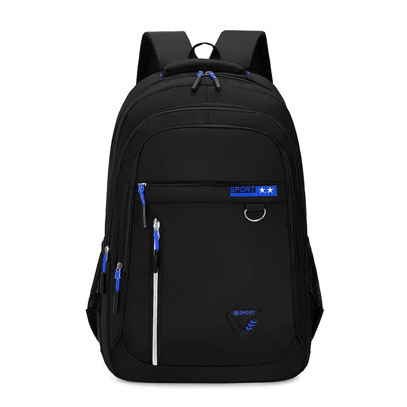 Men's Oxford cloth schoolbag with letter pattern in four colour options showing large capacity design