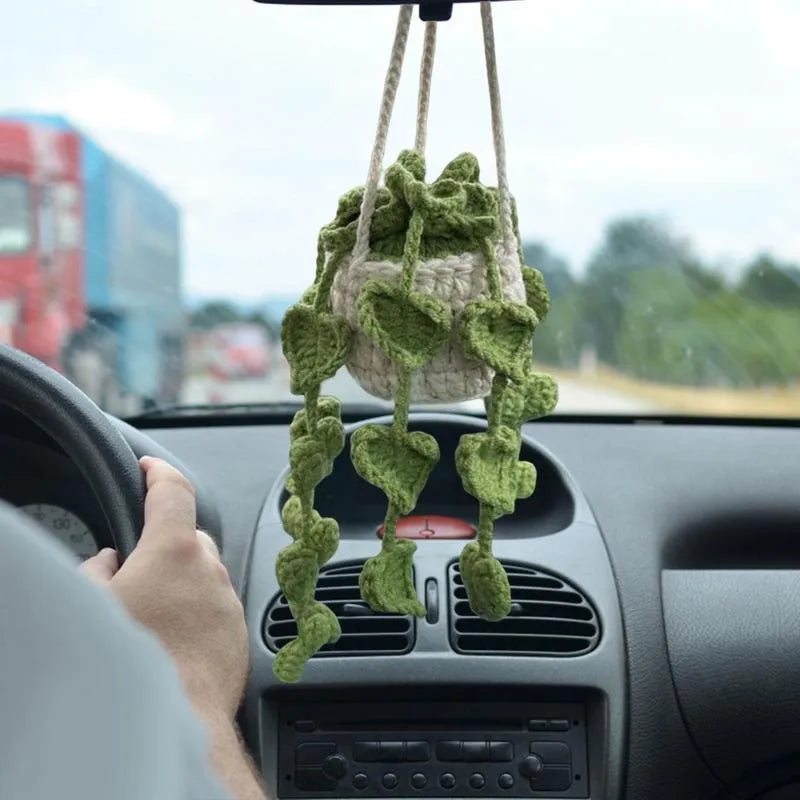 Green and white knitted wool car plant ornament with hanging rope.