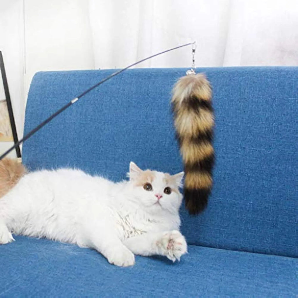 Black cat toy wand with elastic string measuring 42cm for interactive play
