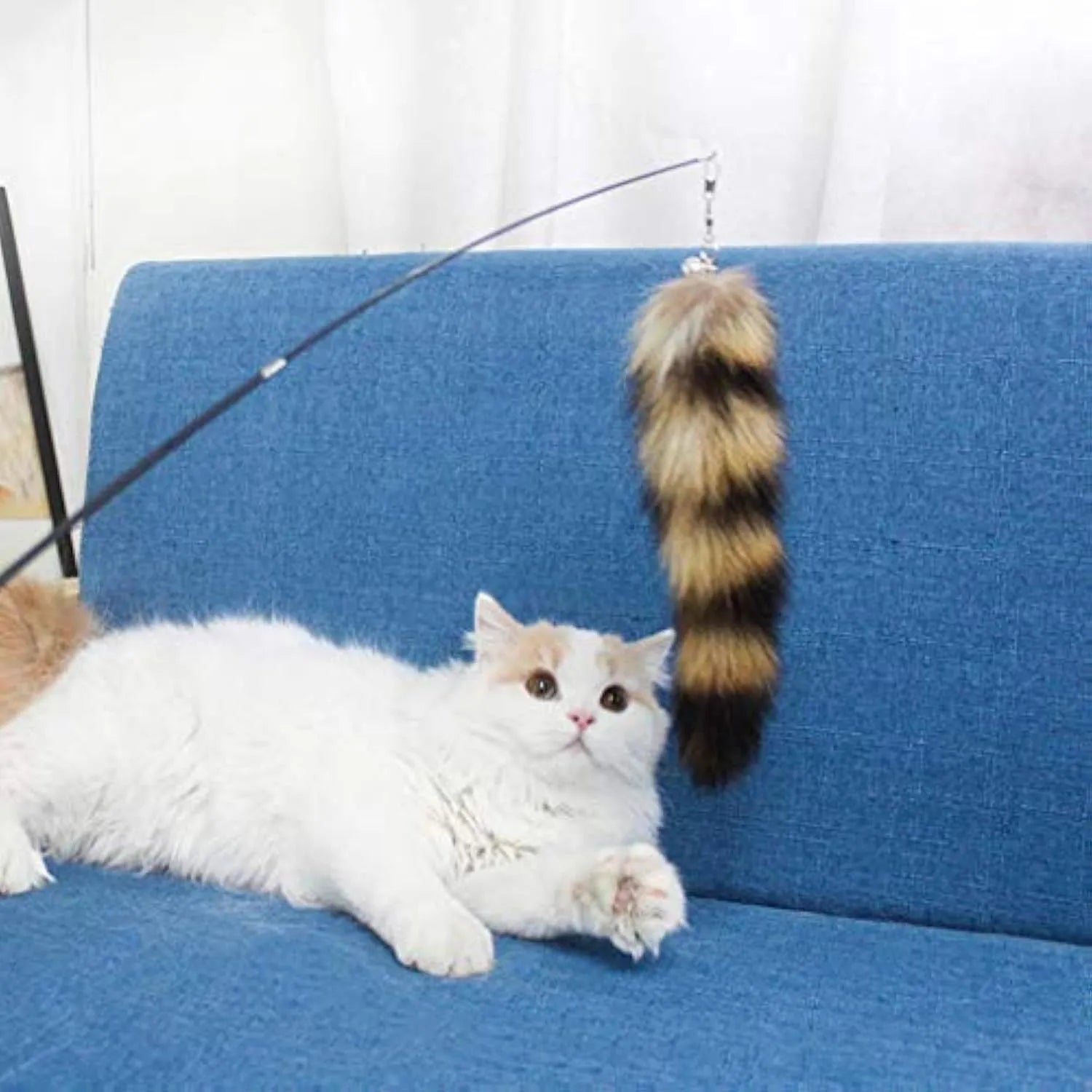 Black cat toy wand with elastic string measuring 42cm for interactive play