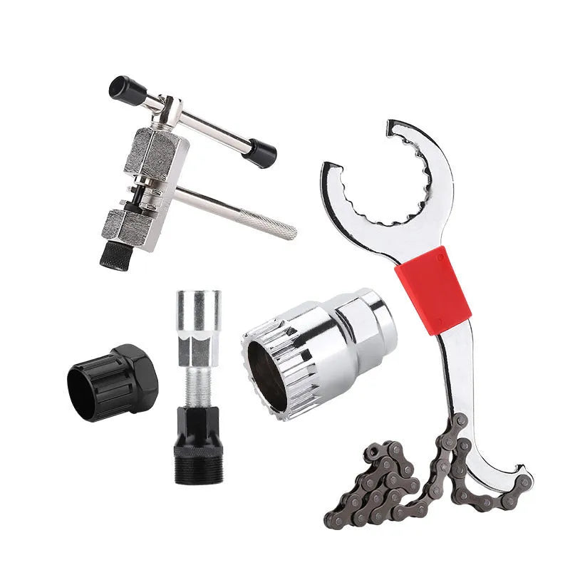 Iron bicycle repair tool set with chain cutting device and central shaft puller for mountain bike maintenance