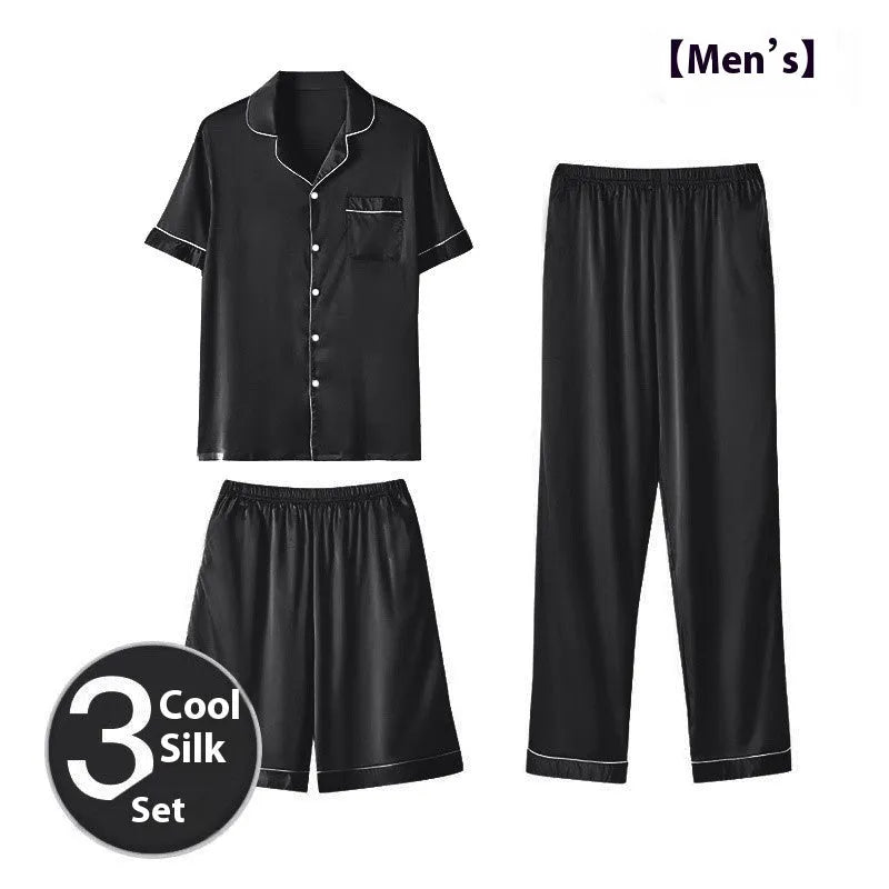 Men's ice silk three-piece home wear set in thin fabric showing top, shorts, and trousers.