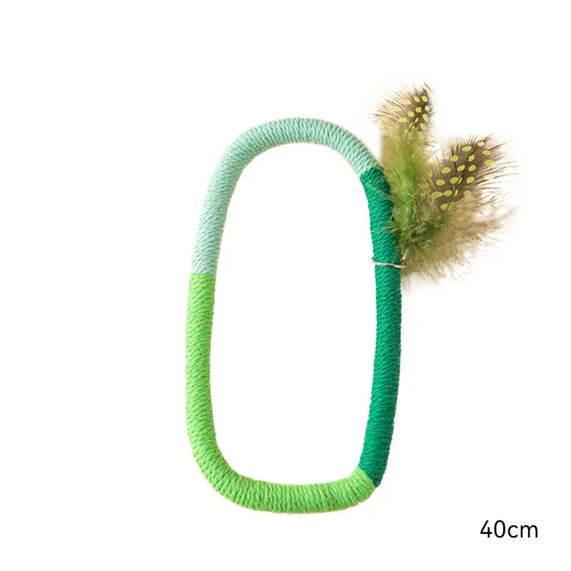 Green circular cotton rope cat toy with feathers for chewing and interactive play