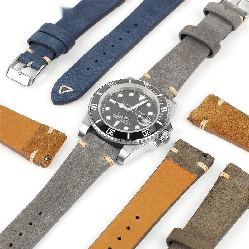 Genuine suede leather watch strap in brown, blue, grey, or army green for 20mm or 22mm watches.