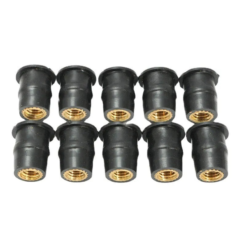 Pack of ten black brass expansion rubber well nut fasteners for motorcycle bodywork in M4, M5, and M6 sizes.
