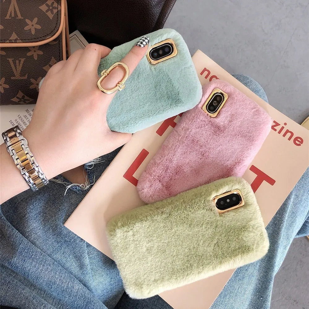 Rabbit plush phone case with thick padding and soft silicone shell for iPhone, shown in apricot colour.
