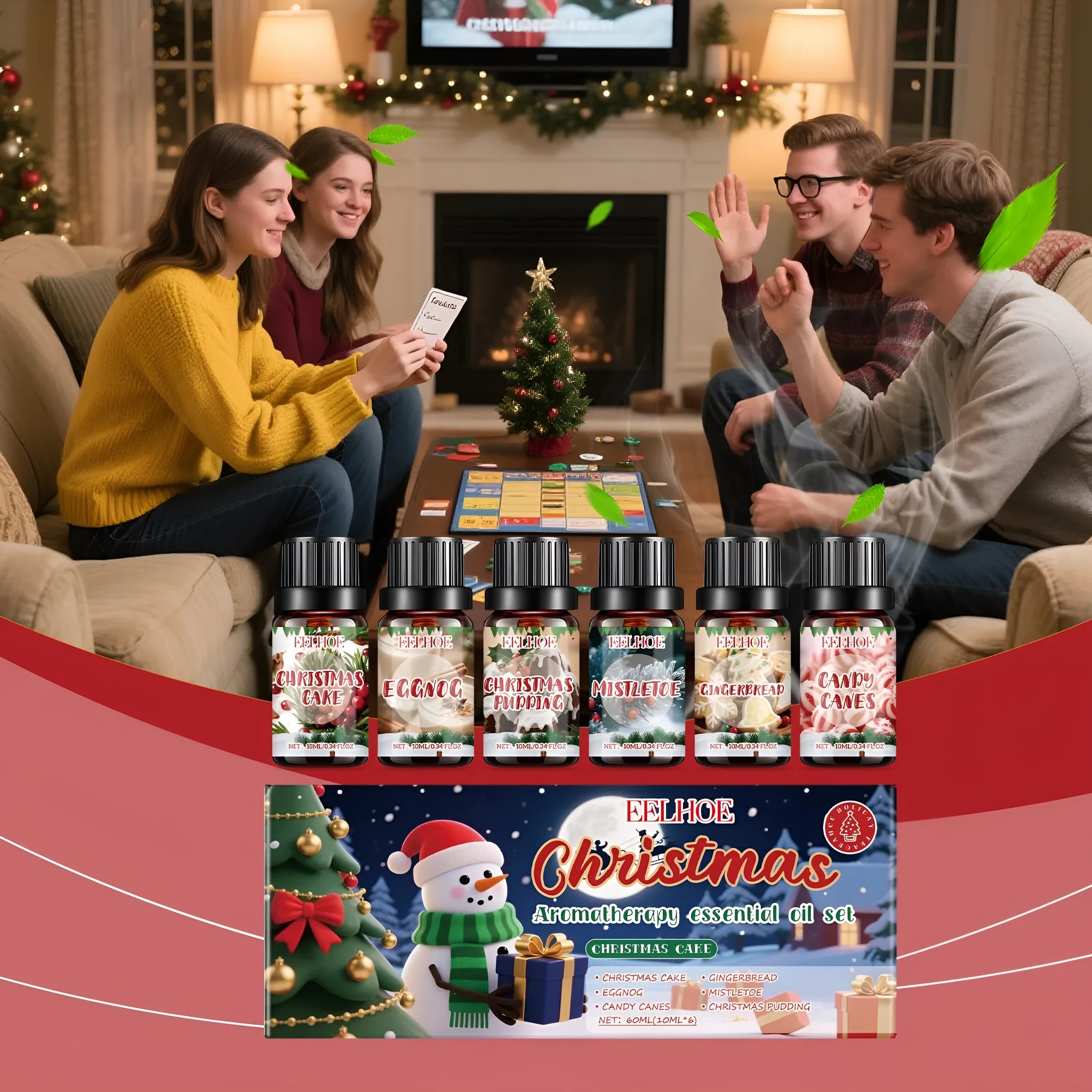 Set of six Christmas aromatherapy oil bottles, each containing 60ml of festive scented oil.