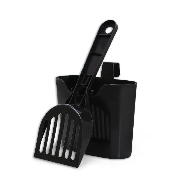 Black mesh cat litter scoop with lengthened handle and storage box, 28x10x3cm, plastic