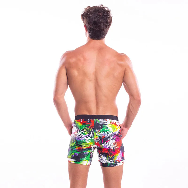 Men's spandex polyester swim shorts with elastic waistband in picture colour, available in sizes S to XXL