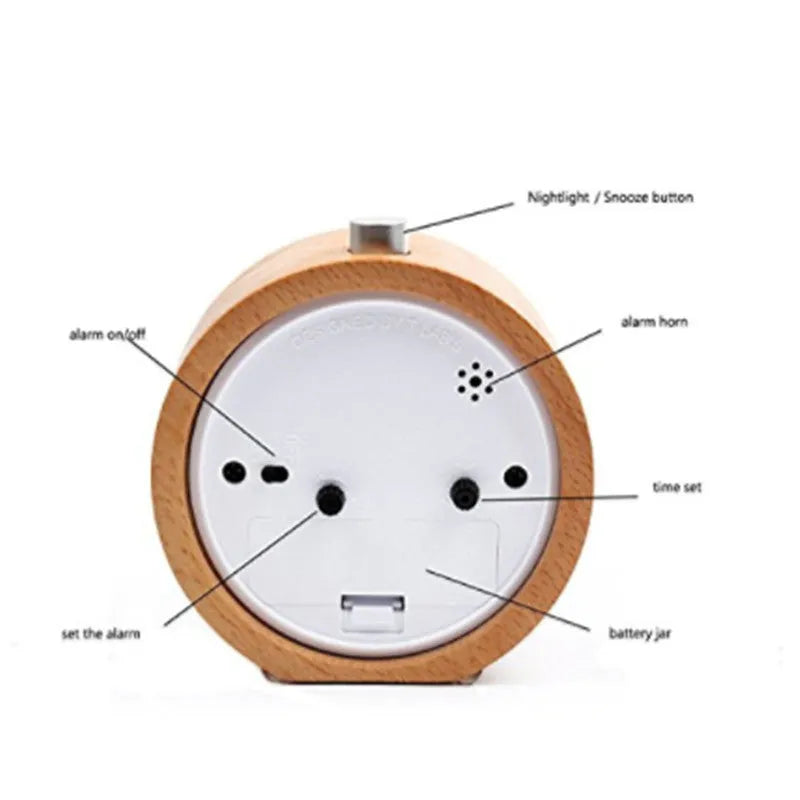 Solid beech wood alarm clock with white dial showing 4-inch diameter and wooden case
