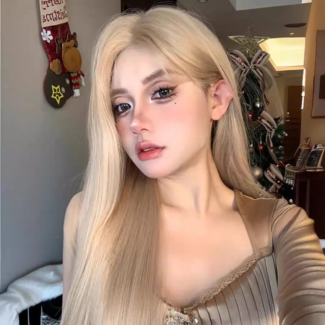 Full hair type women's long straight gray gold wig in milk tea blonde with hairnet on a mannequin