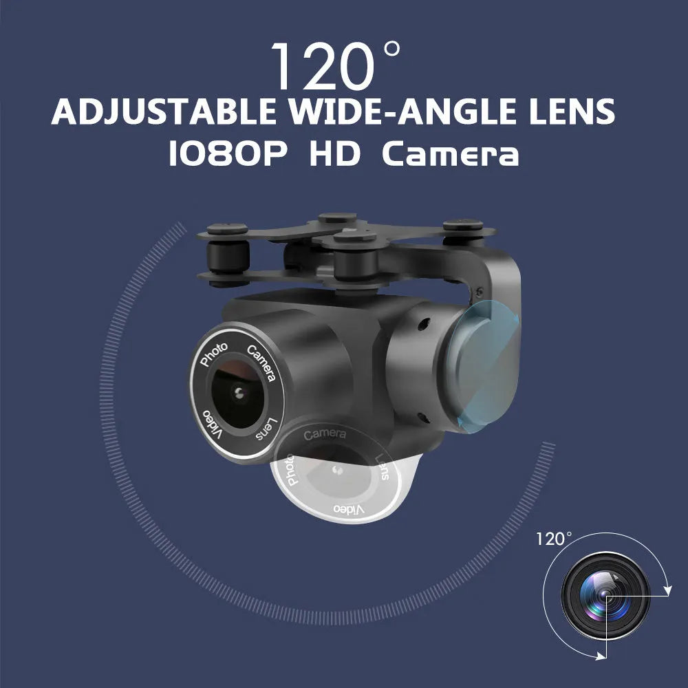 Black 5G GPS camera drone with four rotor arms and high-definition lens on a white background
