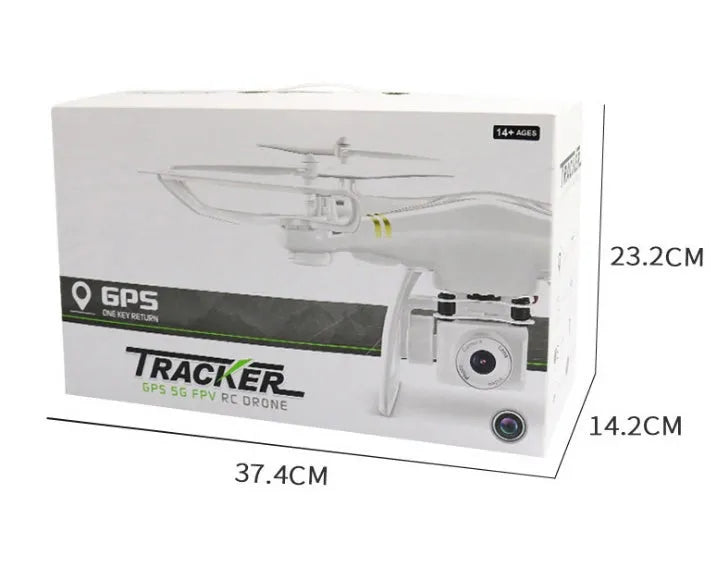 Black 5G GPS camera drone with four rotor arms and high-definition lens on a white background