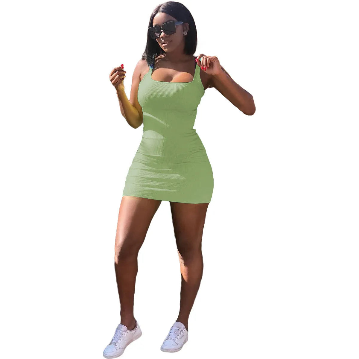 Casual big U-neck sunken stripe strap slim fit dress in light green with princess sleeves.