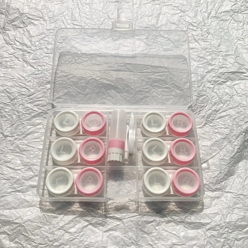 Rectangular contact lens case in various colour combinations including black white and pink white