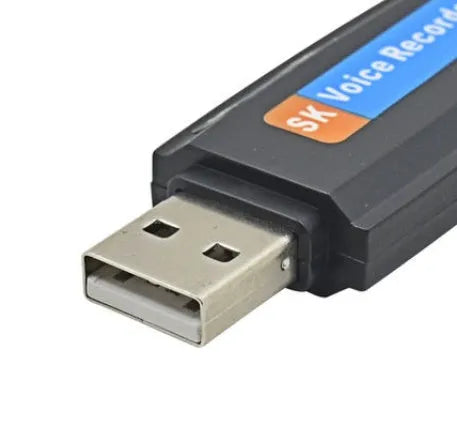 Black and white USB flash drive with voice playback function showing dimensions of 70mm length