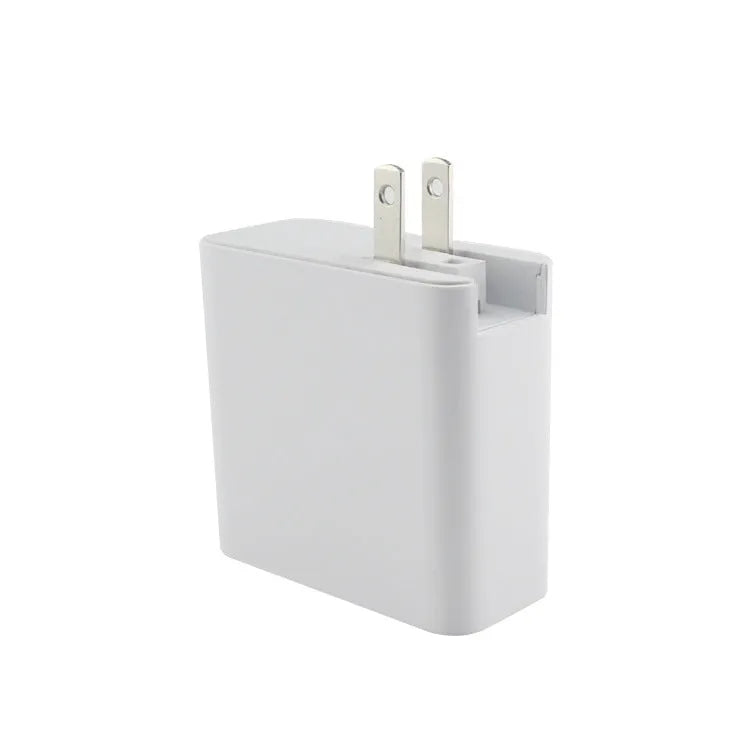 Black 48W USB C PD charger with four ports and a set of international plug adapters