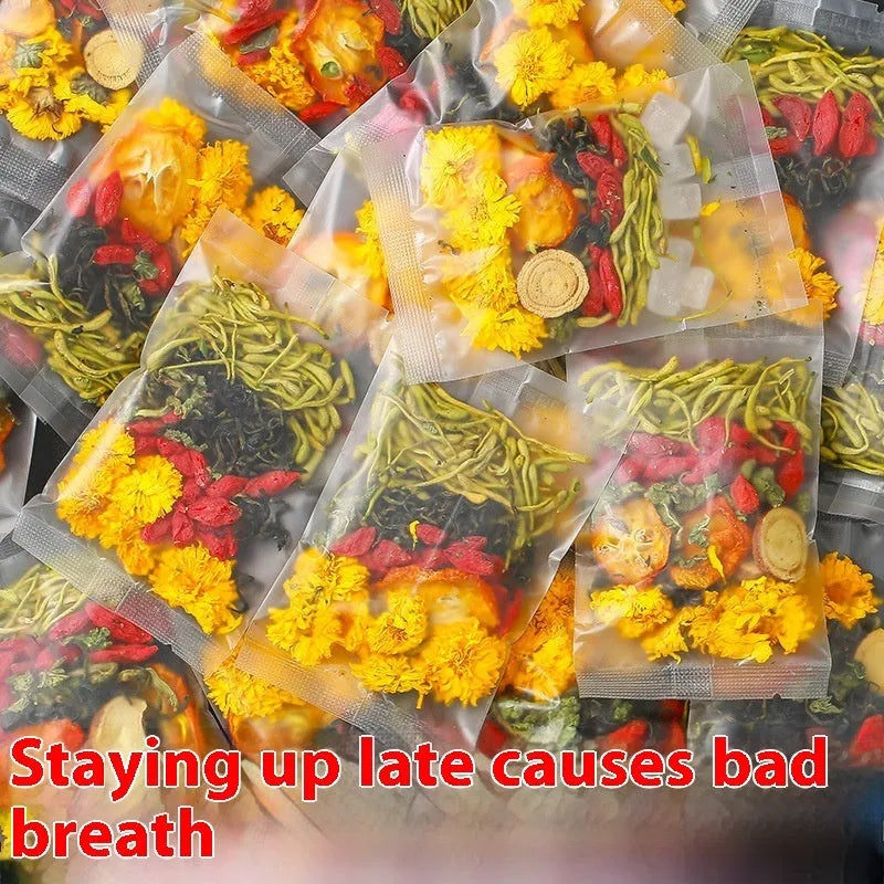 Box of honeysuckle chrysanthemum herbal tea showing packaging options and bonus teacups