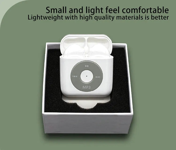 White semi in-ear wireless Bluetooth earphones and charging case on a table.