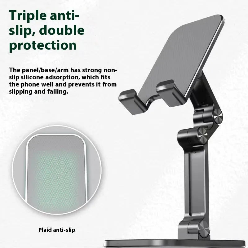 Metal folding phone holder for tablet desktop or car use with adjustable clip in black
