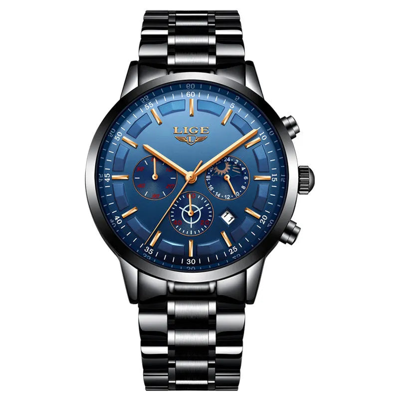 Men's black and rose red gold waterproof quartz sports watch with business styling and 12mm case
